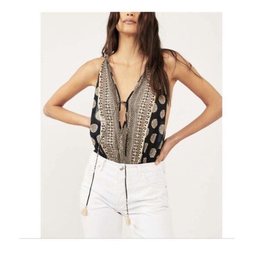 Free People Intimately Bodysuit Womens XS Black Printed Tassel OB1469393 Boho